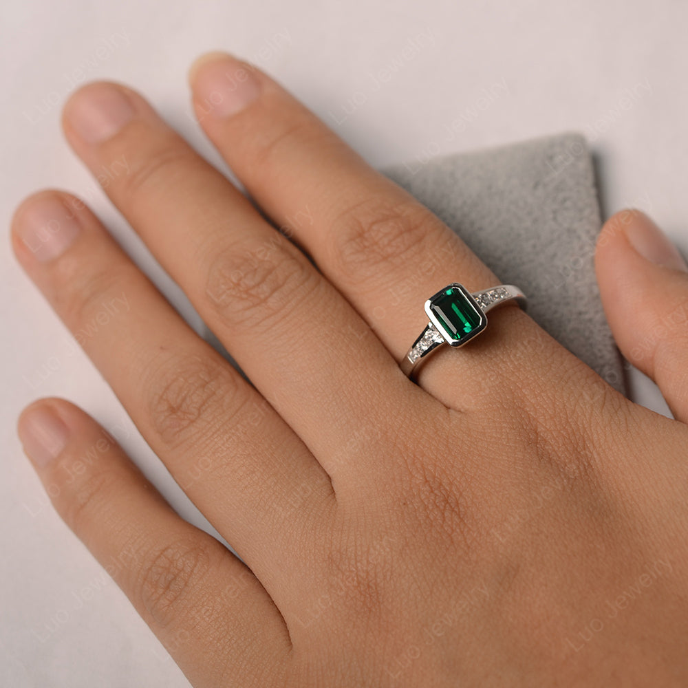 Emerald Cut Lab Emerald Bezel Set Ring White Gold - LUO Jewelry