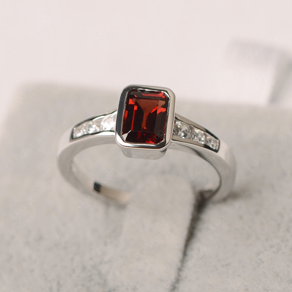 Emerald Cut Garnet Bezel Set Ring White Gold - LUO Jewelry