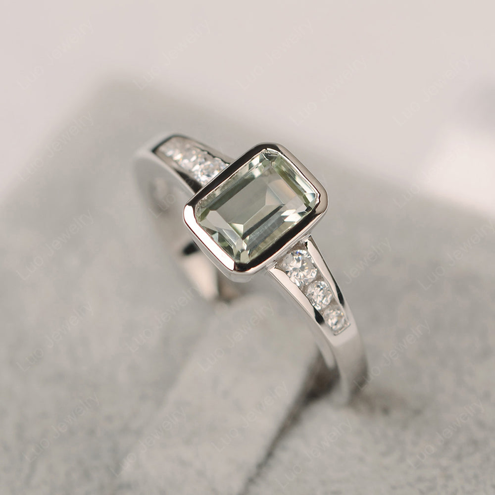 Emerald Cut Green Amethyst Bezel Set Ring White Gold - LUO Jewelry