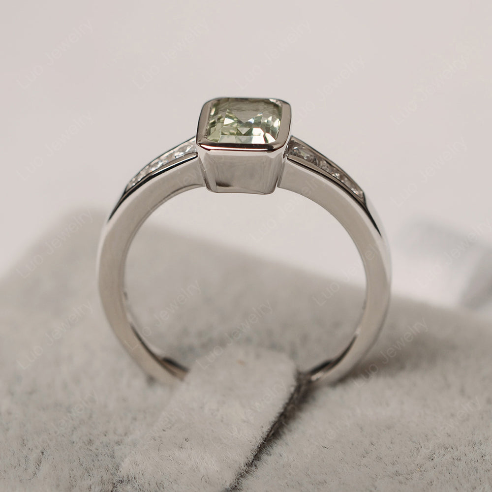 Emerald Cut Green Amethyst Bezel Set Ring White Gold - LUO Jewelry