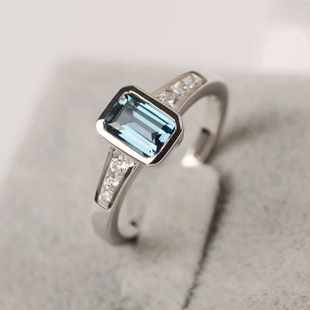 Emerald Cut London Blue Topaz Bezel Set Ring White Gold - LUO Jewelry