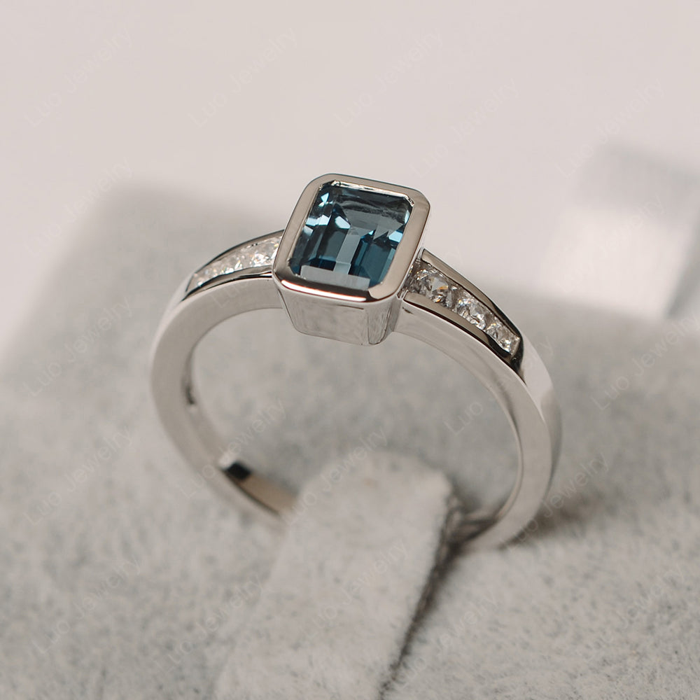 Emerald Cut London Blue Topaz Bezel Set Ring White Gold - LUO Jewelry
