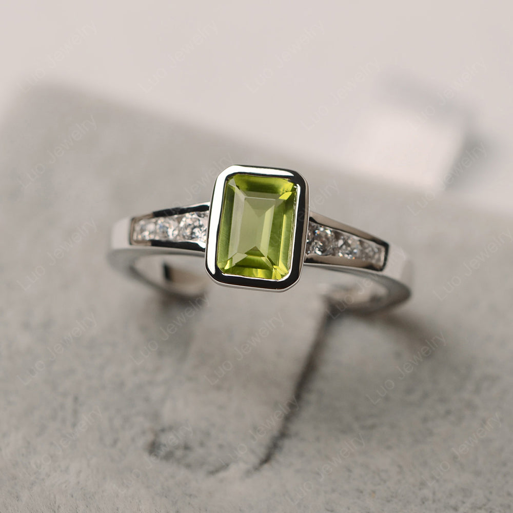 Emerald Cut Peridot Bezel Set Ring White Gold - LUO Jewelry
