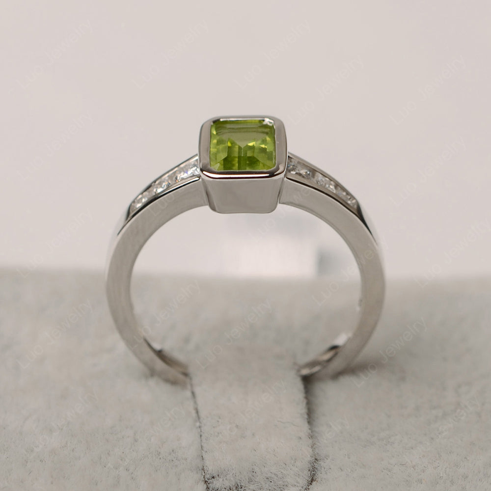 Emerald Cut Peridot Bezel Set Ring White Gold - LUO Jewelry