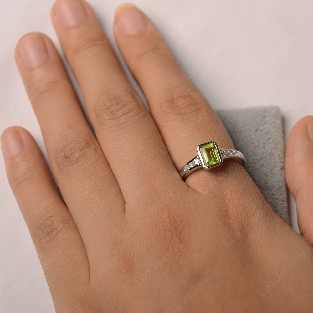 Emerald Cut Peridot Bezel Set Ring White Gold - LUO Jewelry