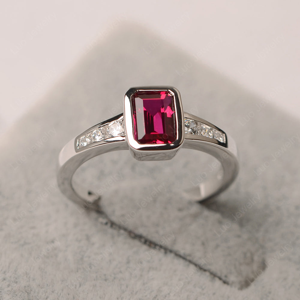 Emerald Cut Ruby Bezel Set Ring White Gold - LUO Jewelry
