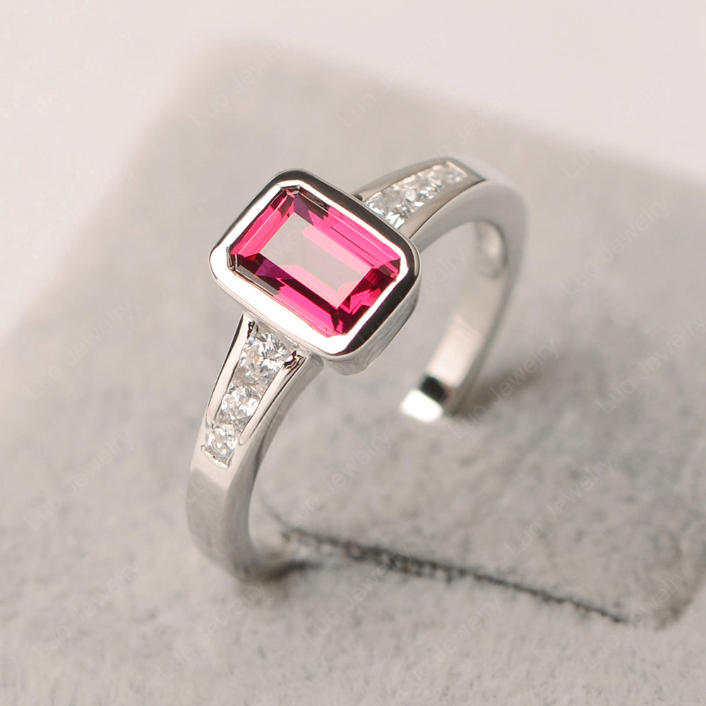 Emerald Cut Ruby Bezel Set Ring White Gold - LUO Jewelry