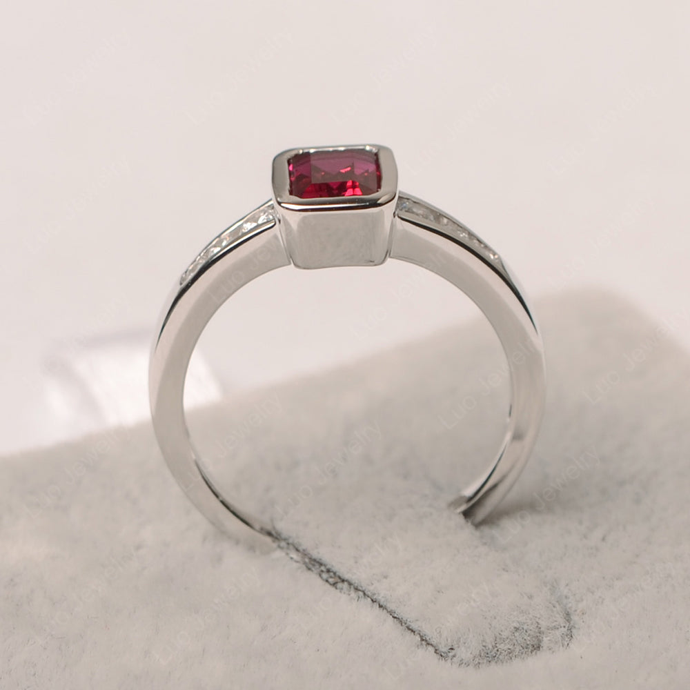 Emerald Cut Ruby Bezel Set Ring White Gold - LUO Jewelry