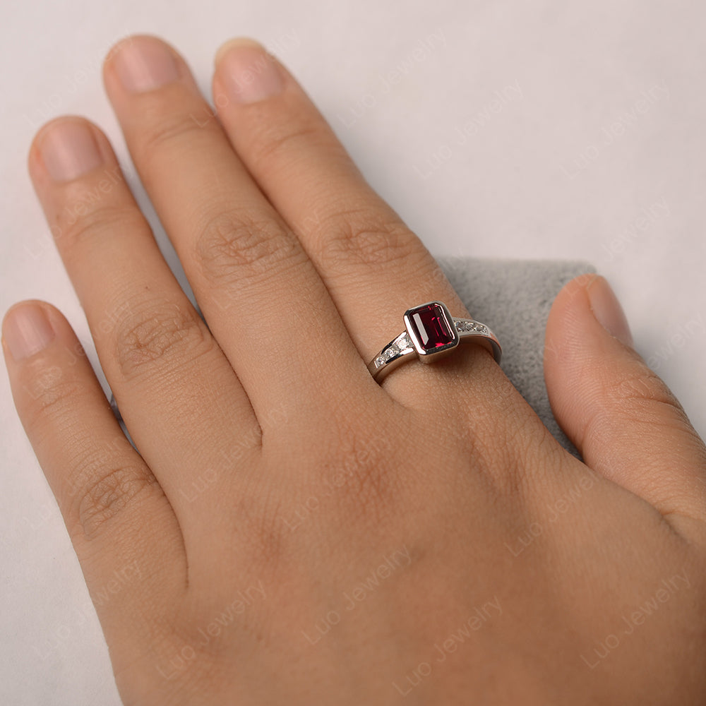 Emerald Cut Ruby Bezel Set Ring White Gold - LUO Jewelry