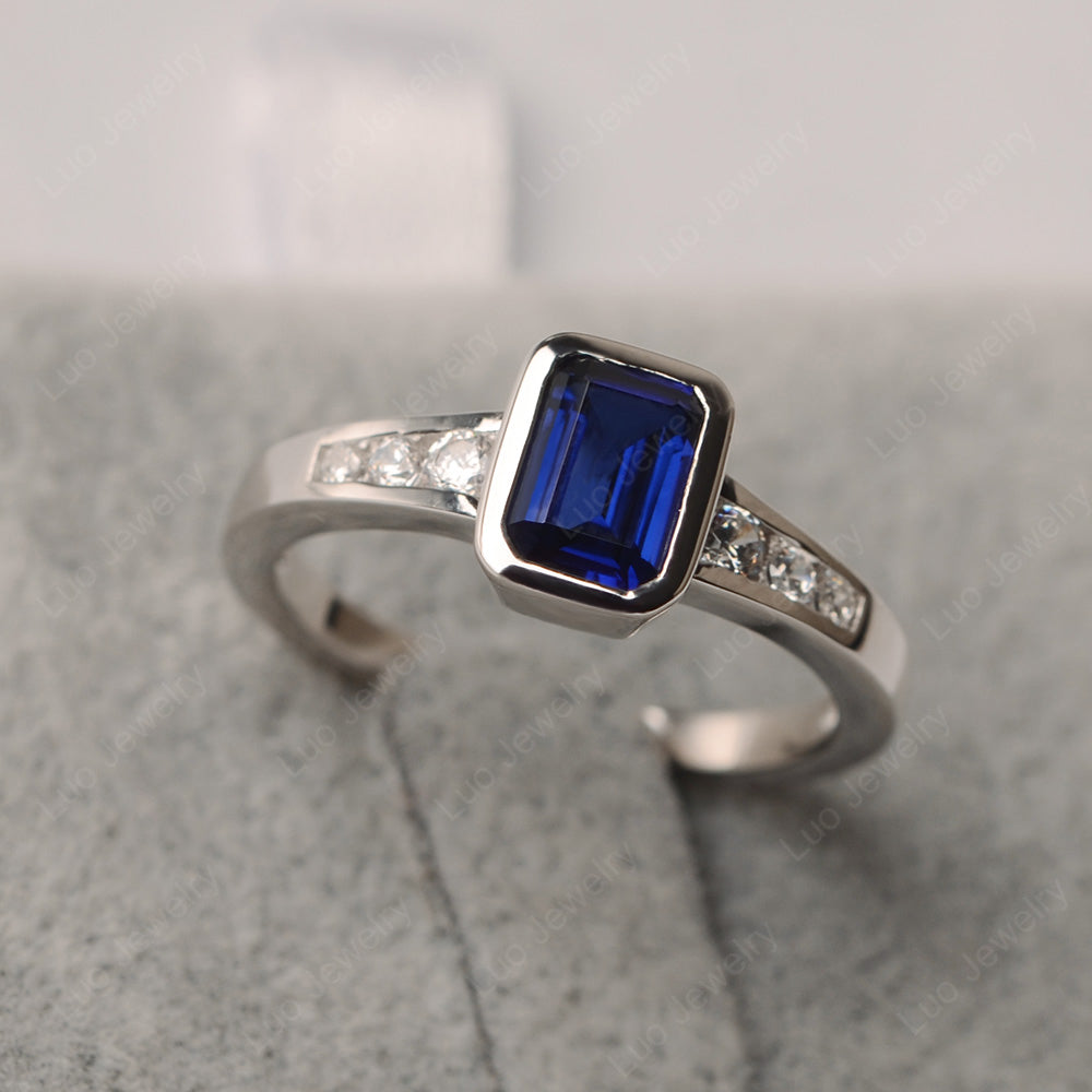 Emerald Cut Lab Sapphire Bezel Set Ring White Gold - LUO Jewelry