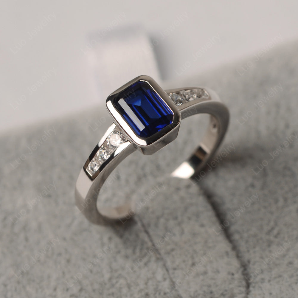 Emerald Cut Lab Sapphire Bezel Set Ring White Gold - LUO Jewelry