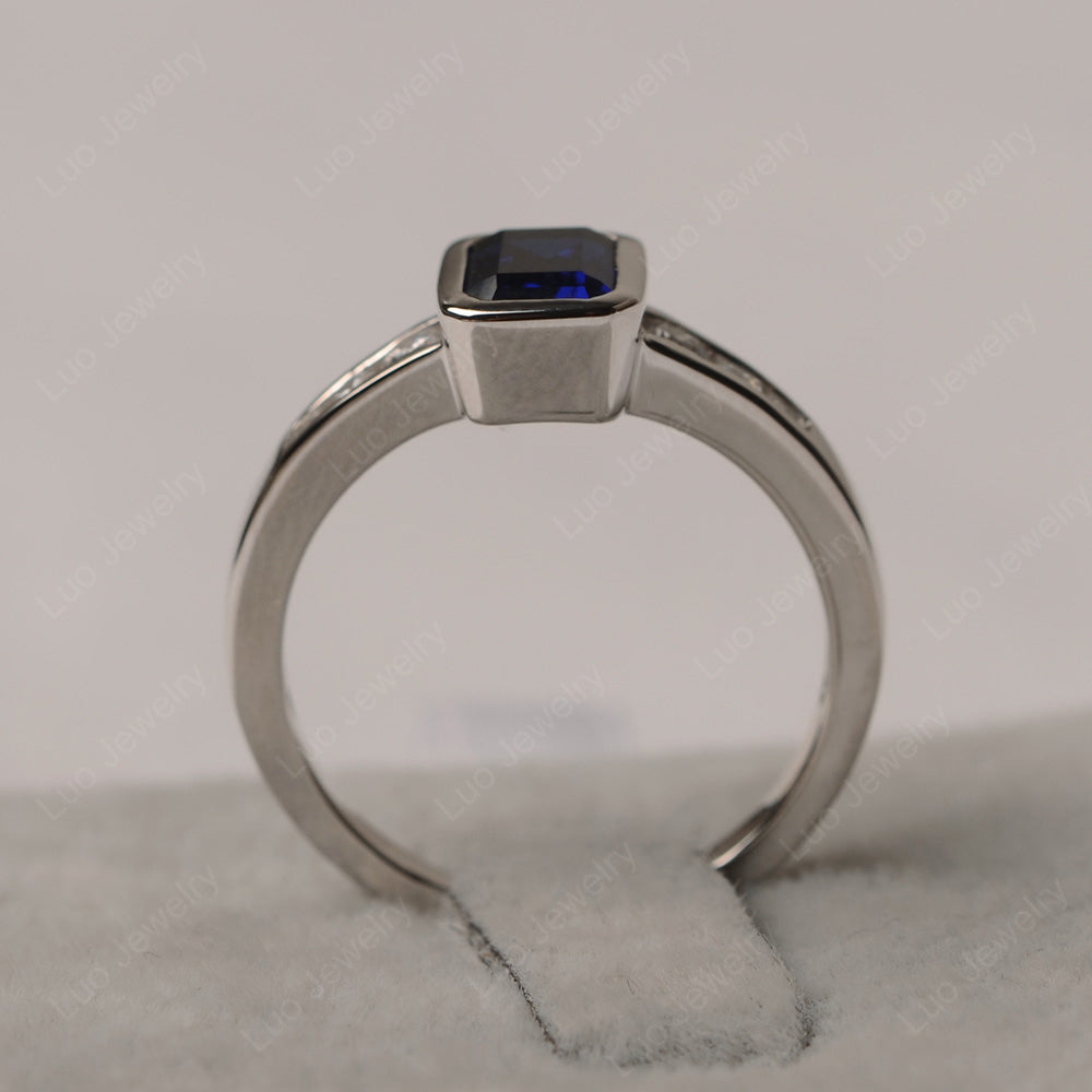 Emerald Cut Lab Sapphire Bezel Set Ring White Gold - LUO Jewelry