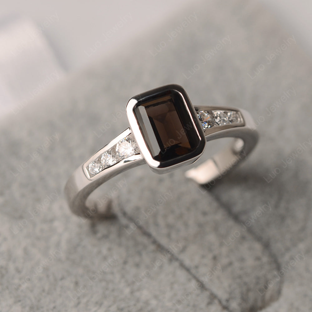 Emerald Cut Smoky Quartz  Bezel Set Ring White Gold - LUO Jewelry