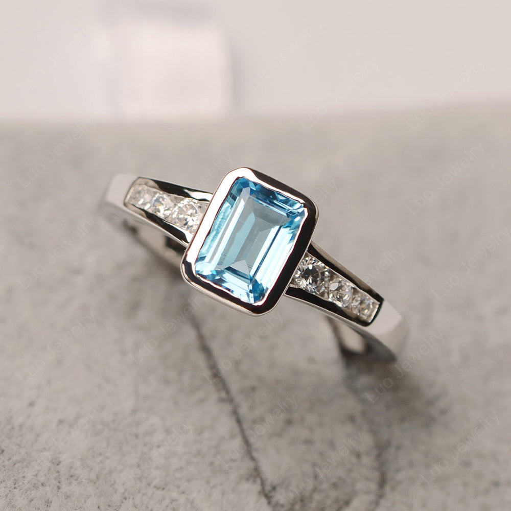 Emerald Cut Swiss Blue Topaz Bezel Set Ring White Gold - LUO Jewelry