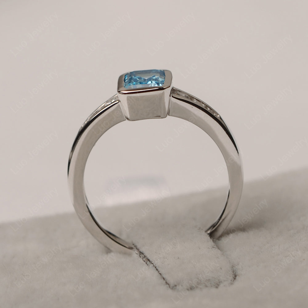 Emerald Cut Swiss Blue Topaz Bezel Set Ring White Gold - LUO Jewelry