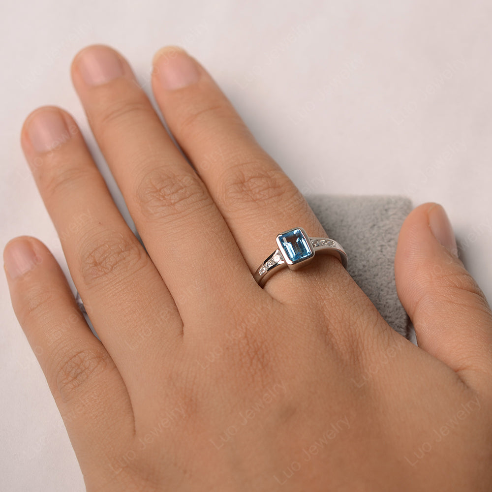 Emerald Cut Swiss Blue Topaz Bezel Set Ring White Gold - LUO Jewelry