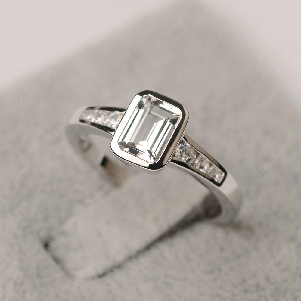 Emerald Cut White Topaz Bezel Set Ring White Gold - LUO Jewelry