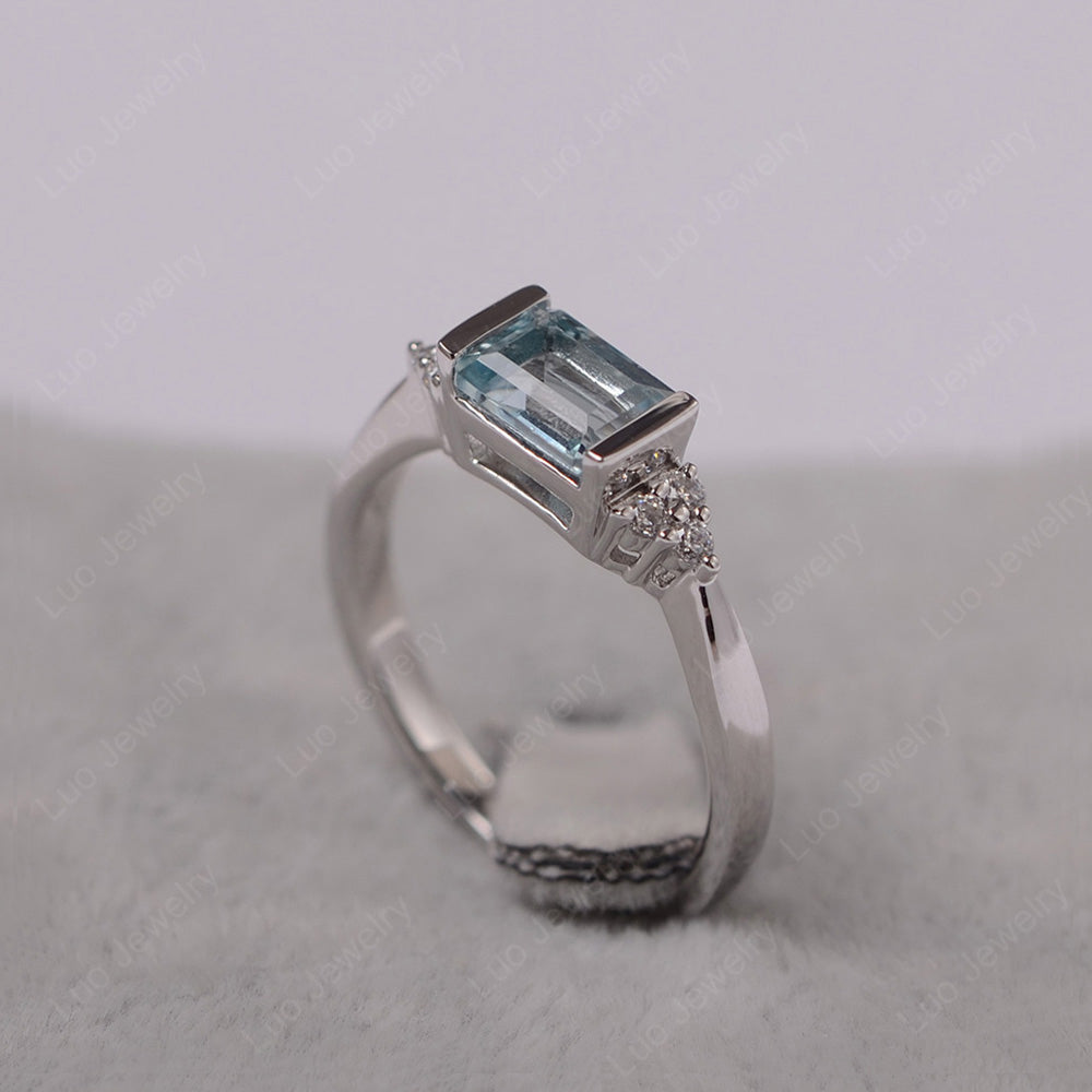 Aquamarine Ring East West Engagement Ring Bezel Set - LUO Jewelry