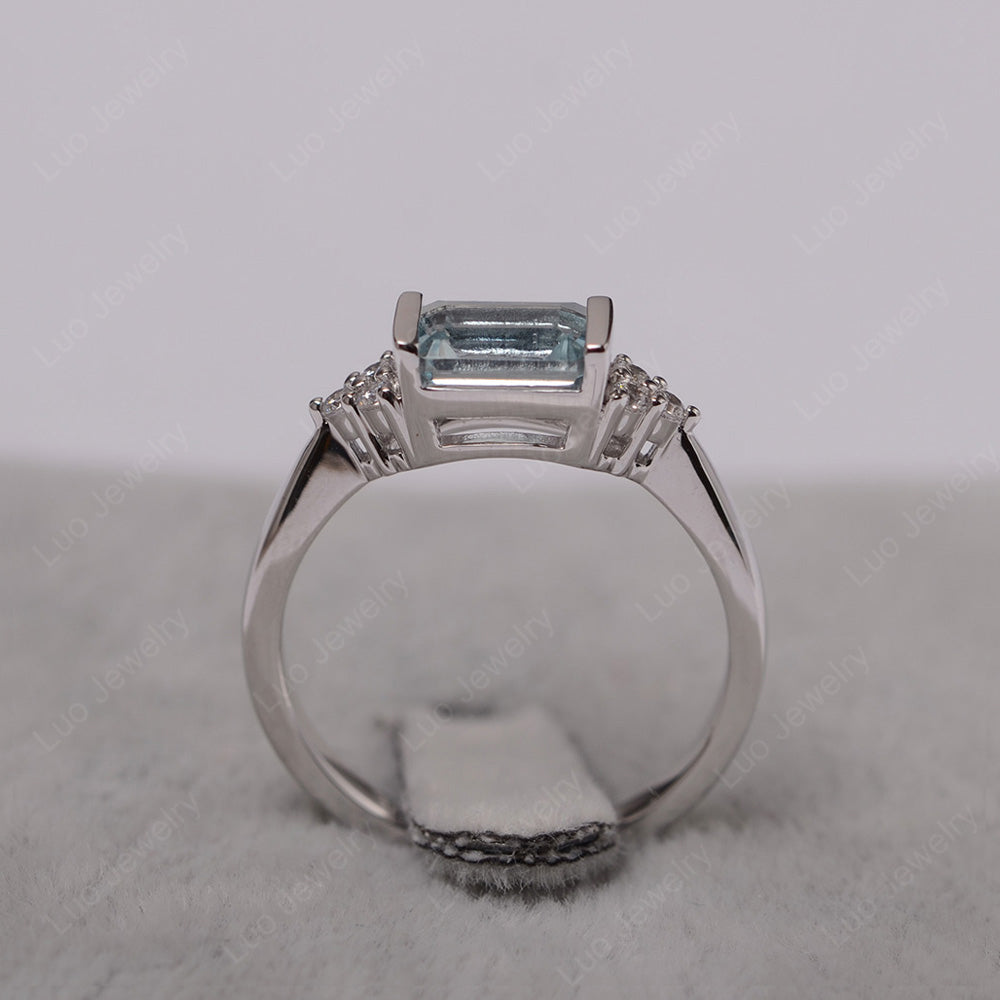 Aquamarine Ring East West Engagement Ring Bezel Set - LUO Jewelry