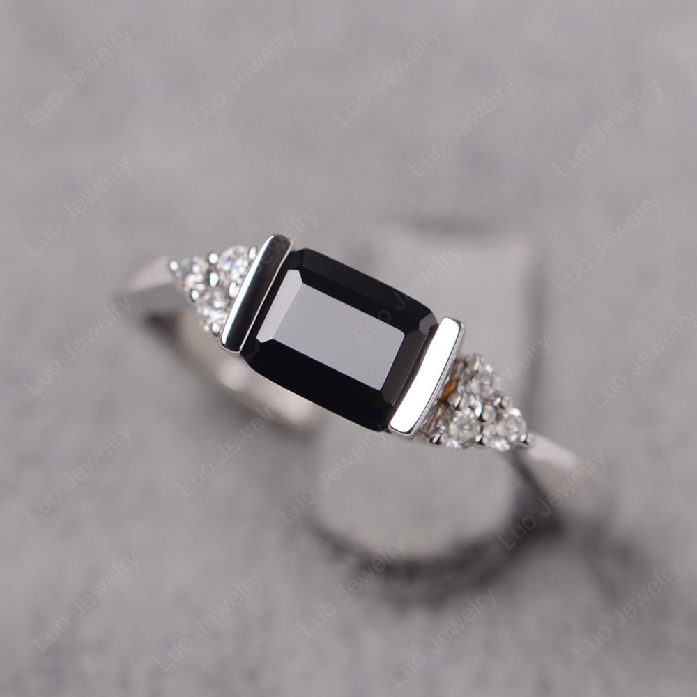 Black Spinel Ring East West Engagement Ring Bezel Set - LUO Jewelry