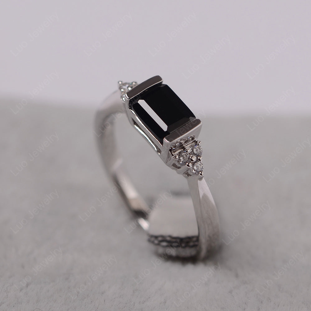 Black Spinel Ring East West Engagement Ring Bezel Set - LUO Jewelry