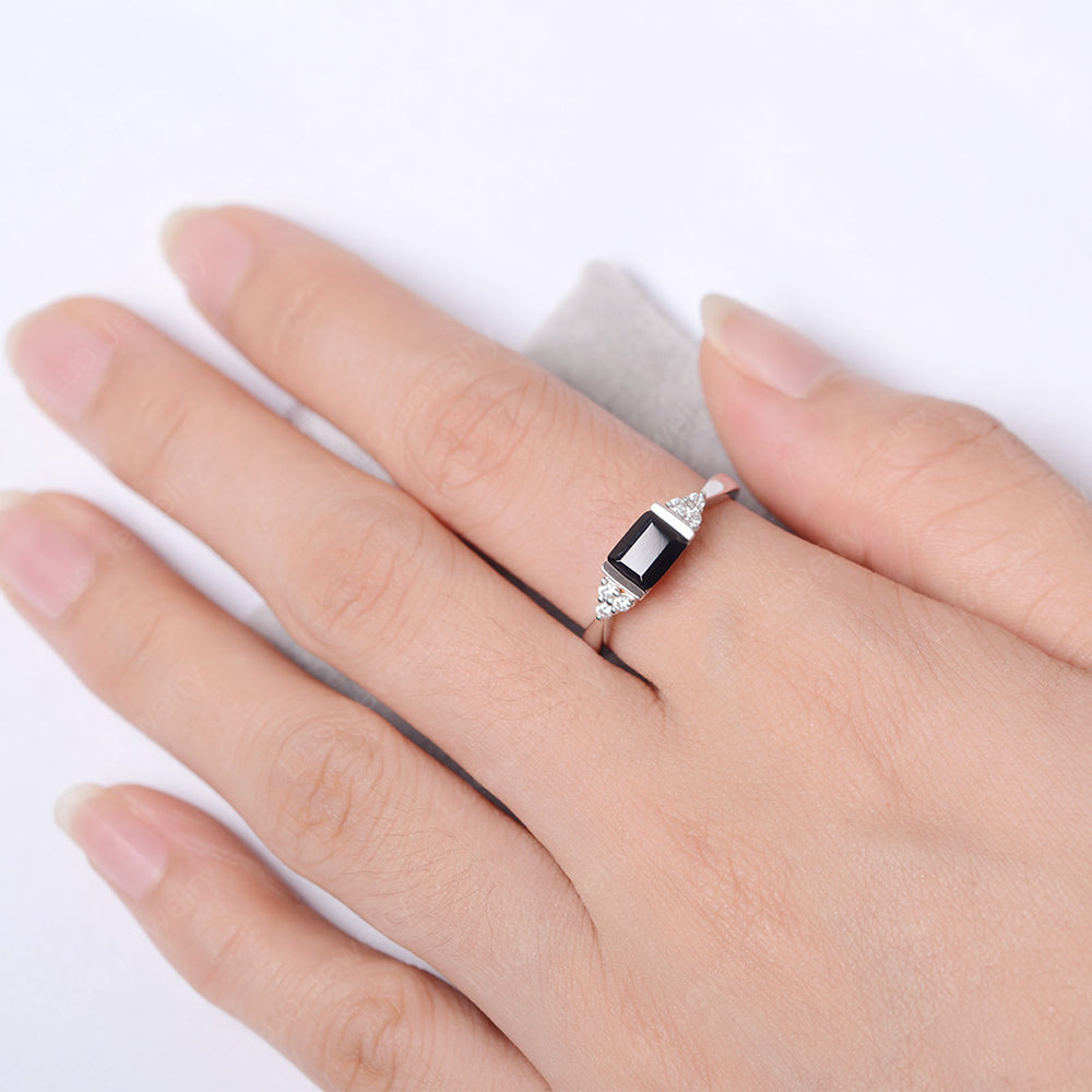 Black Spinel Ring East West Engagement Ring Bezel Set - LUO Jewelry