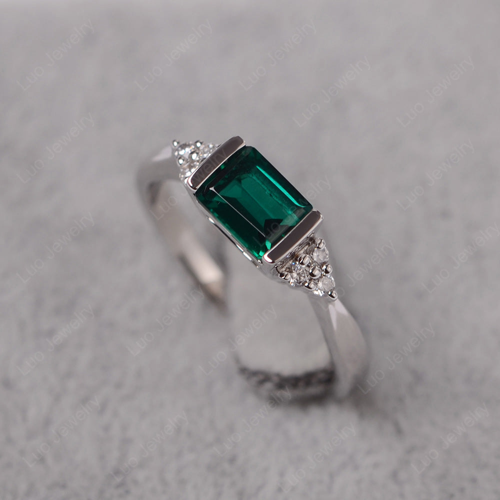 Lab Emerald Ring East West Engagement Ring Bezel Set - LUO Jewelry