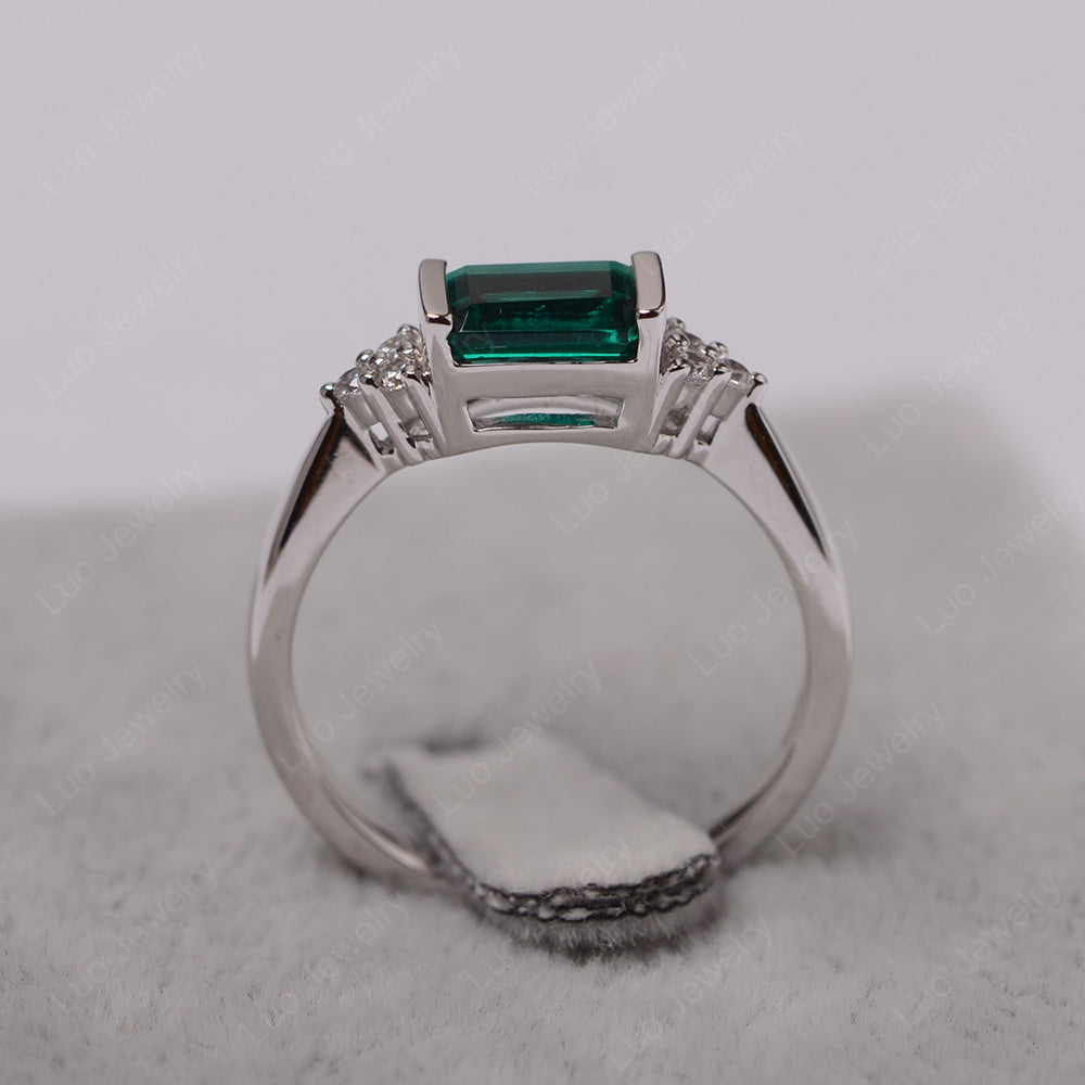 Lab Emerald Ring East West Engagement Ring Bezel Set - LUO Jewelry