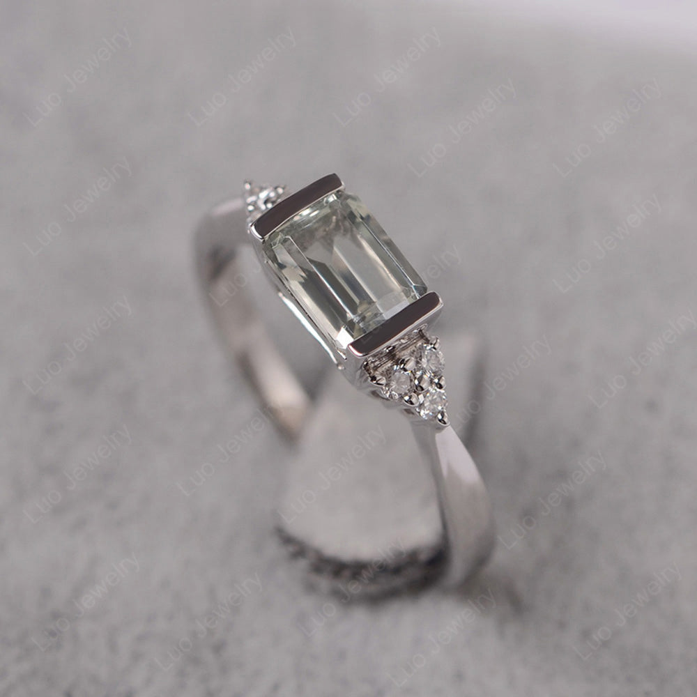Green Amethyst Ring East West Engagement Ring Bezel Set - LUO Jewelry
