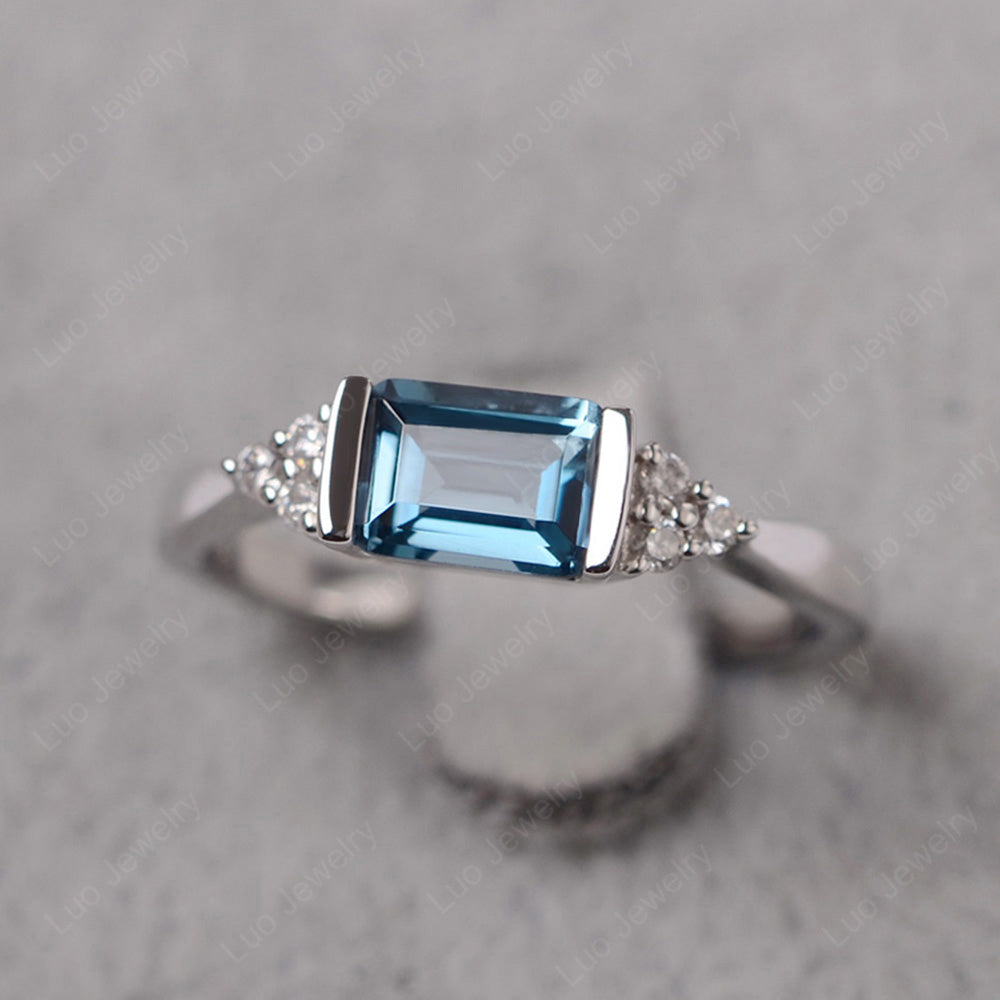 London Blue Topaz Ring East West Engagement Ring Bezel Set - LUO Jewelry