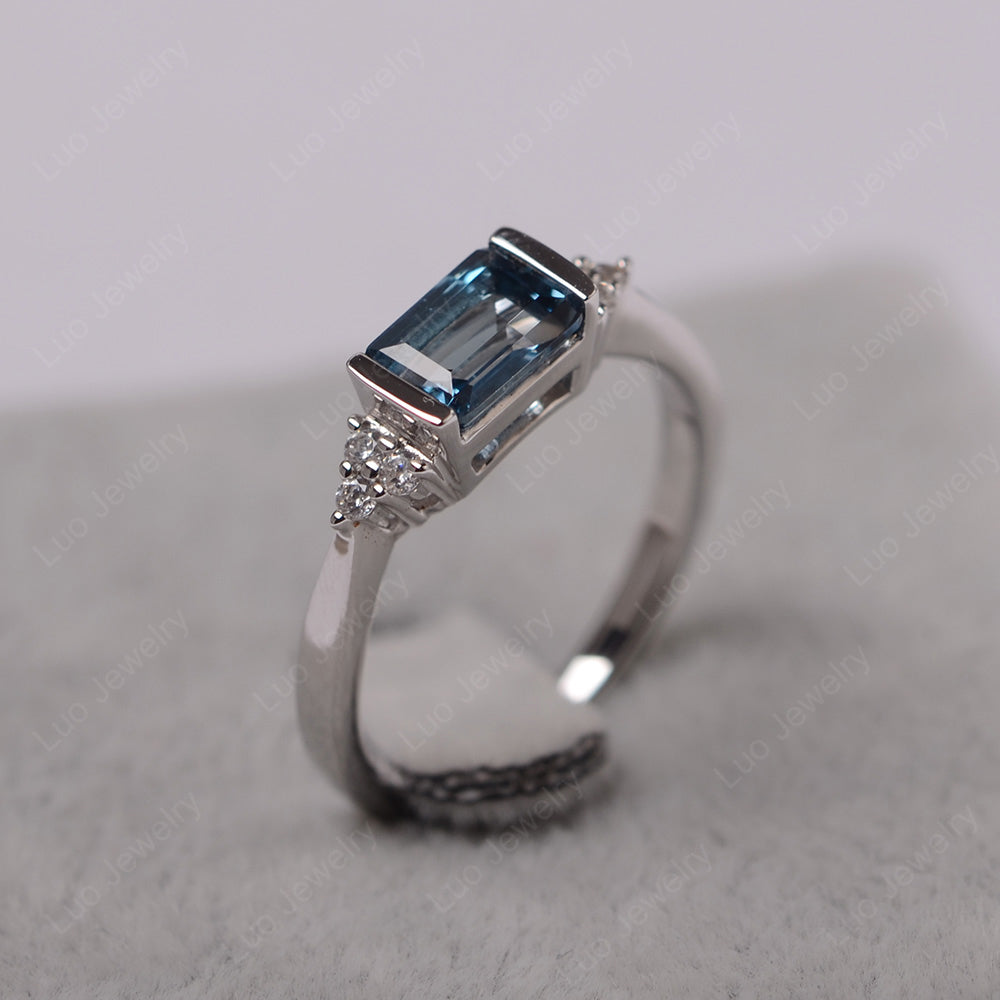 London Blue Topaz Ring East West Engagement Ring Bezel Set - LUO Jewelry