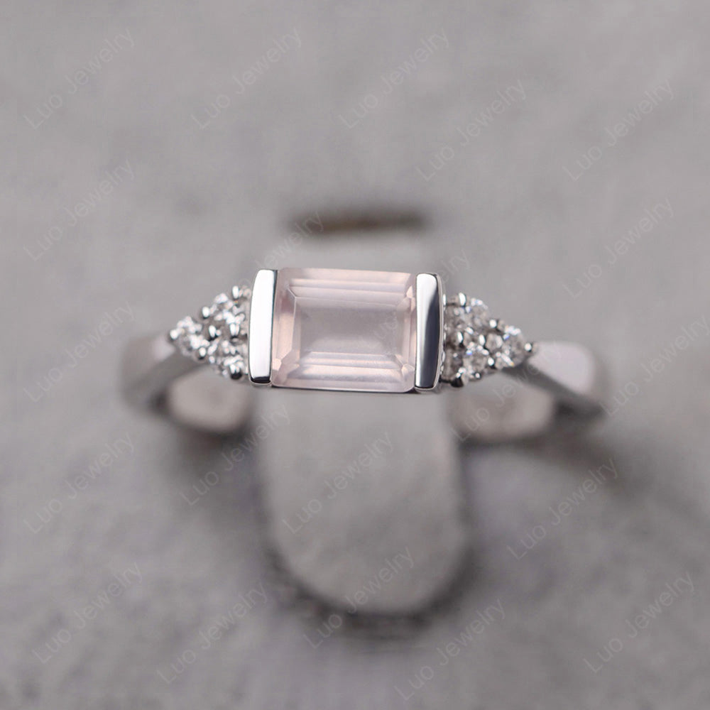 Rose Quartz Ring East West Engagement Ring Bezel Set - LUO Jewelry