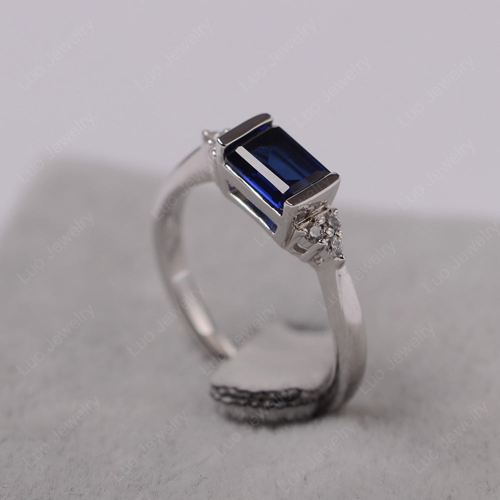 Lab Sapphire Ring East West Engagement Ring Bezel Set - LUO Jewelry