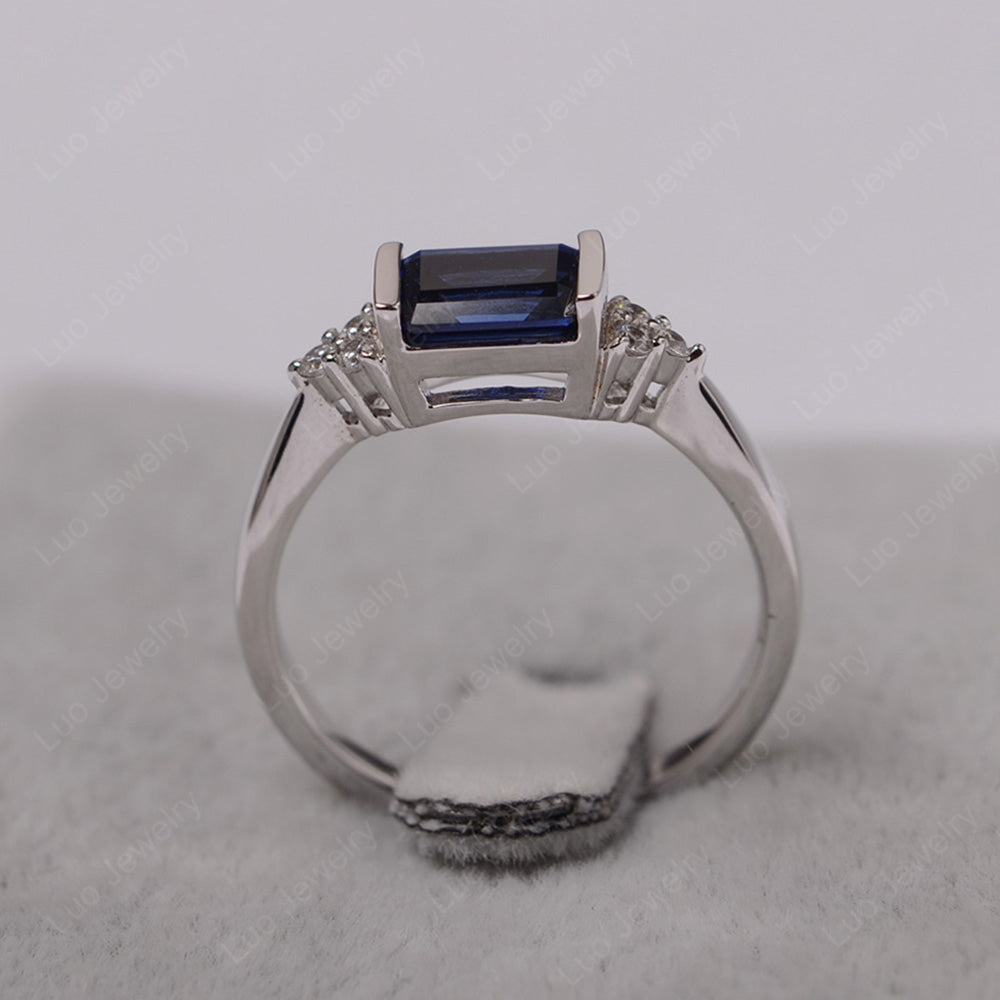 Lab Sapphire Ring East West Engagement Ring Bezel Set - LUO Jewelry