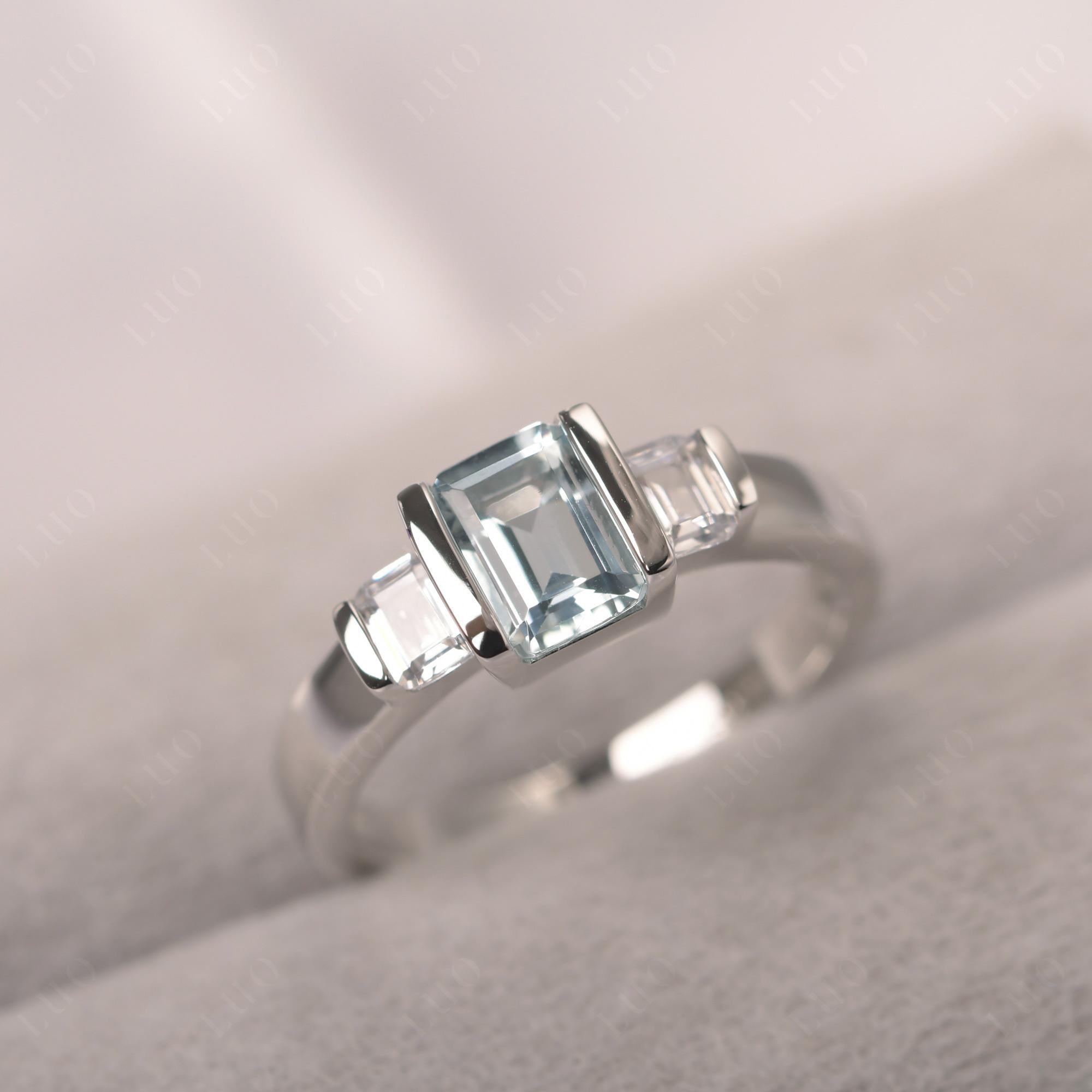 Vintage Aquamarine Ring Bezel Set Emerald Cut Ring - LUO Jewelry