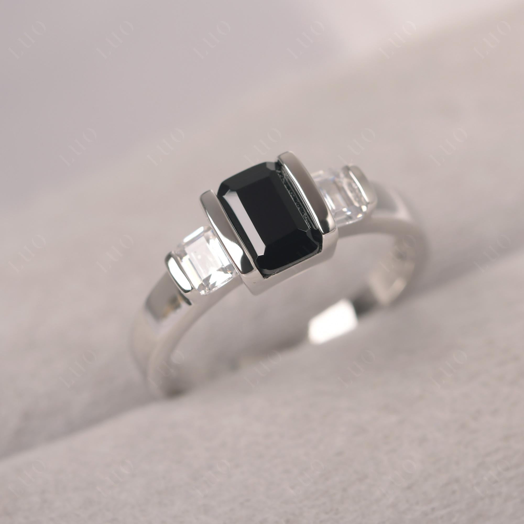 Vintage Black Stone Ring Bezel Set Emerald Cut Ring - LUO Jewelry