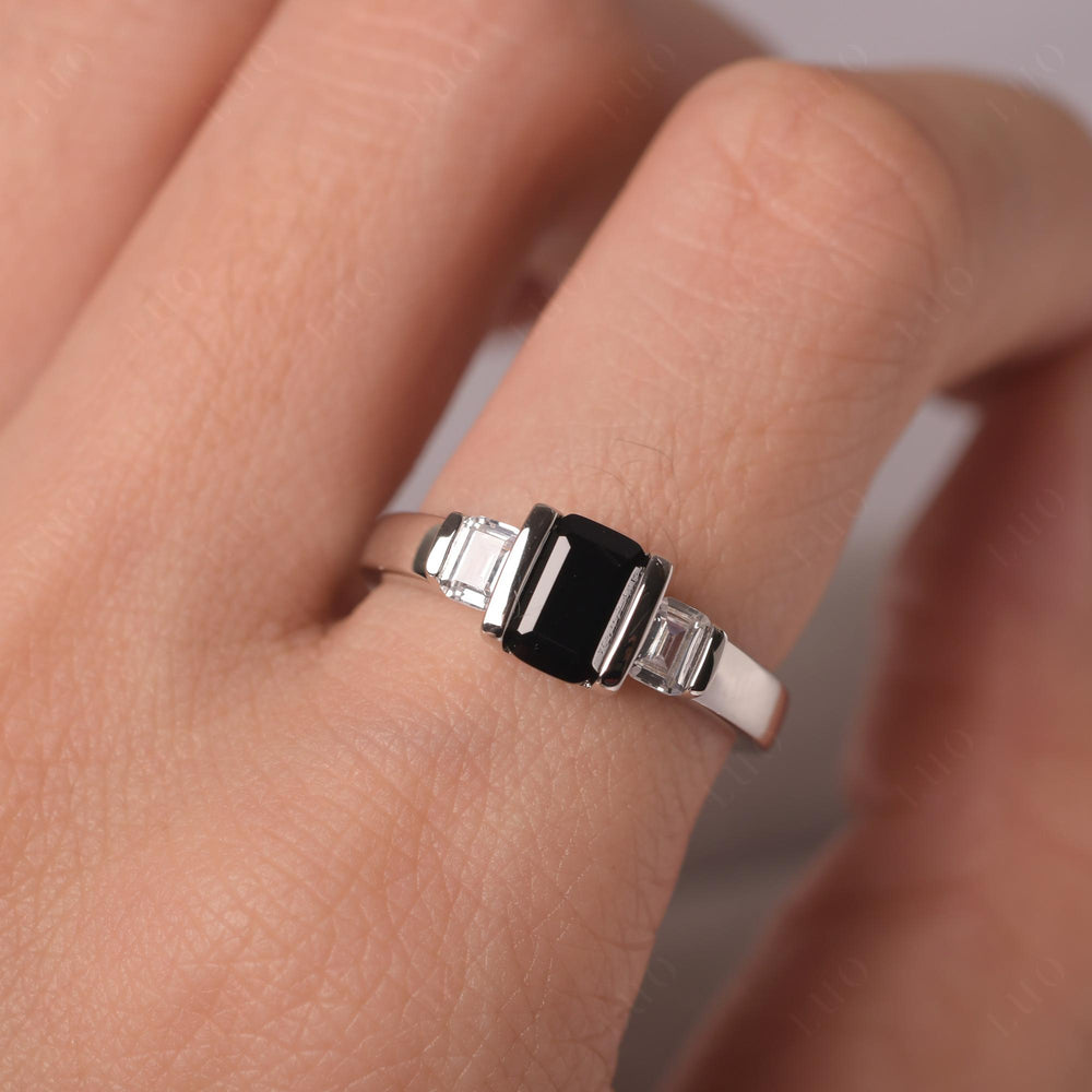Vintage Black Spinel Ring Bezel Set Emerald Cut Ring - LUO Jewelry