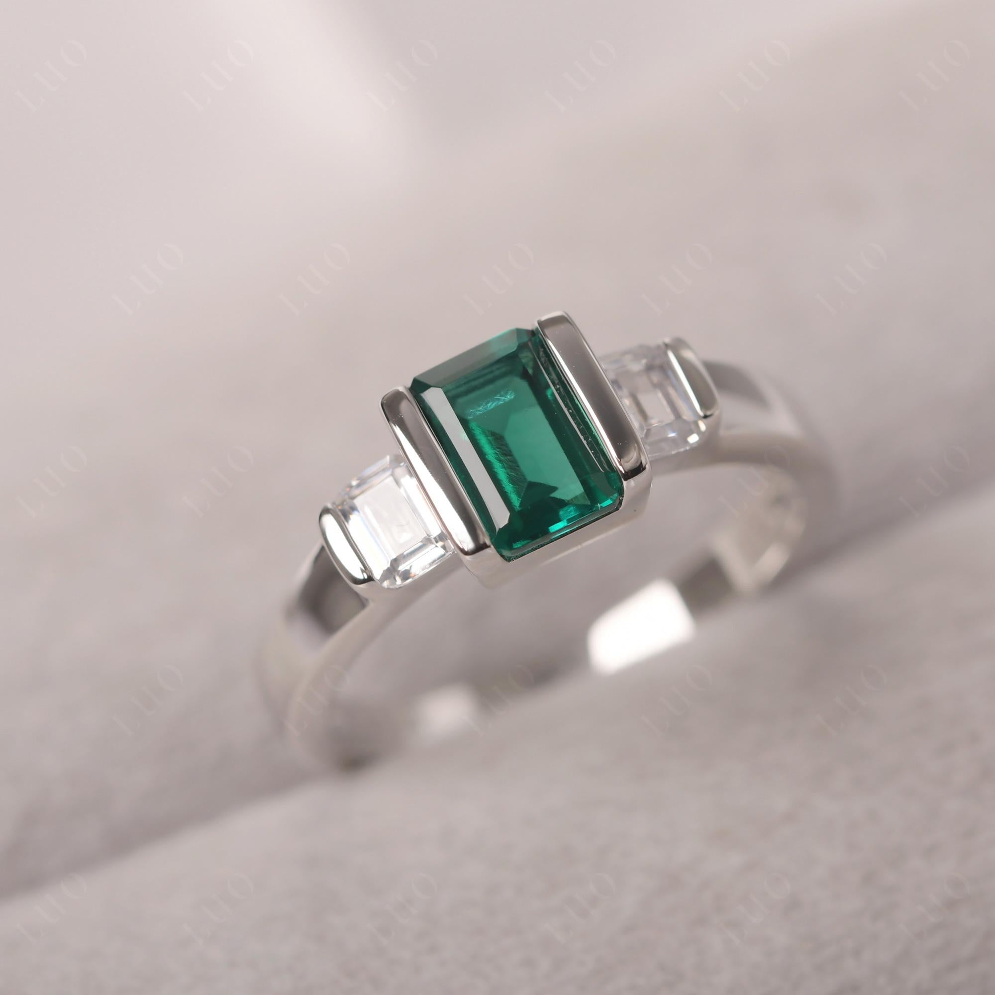 Vintage Lab Created Emerald Ring Bezel Set Emerald Cut Ring - LUO Jewelry