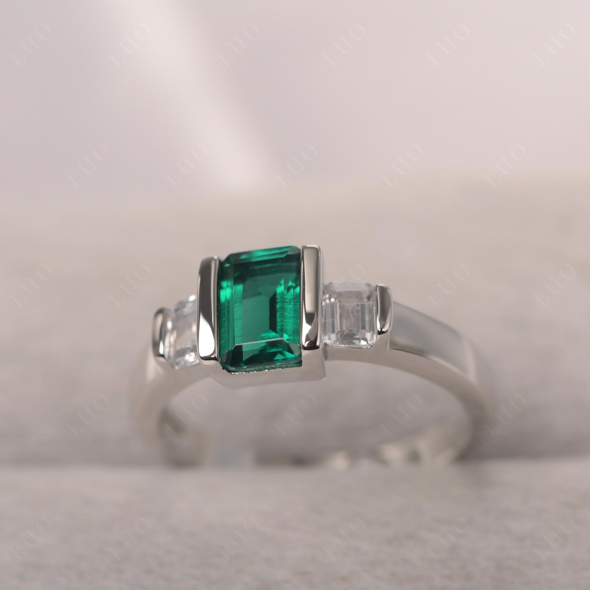 Vintage Lab Created Emerald Ring Bezel Set Emerald Cut Ring - LUO Jewelry