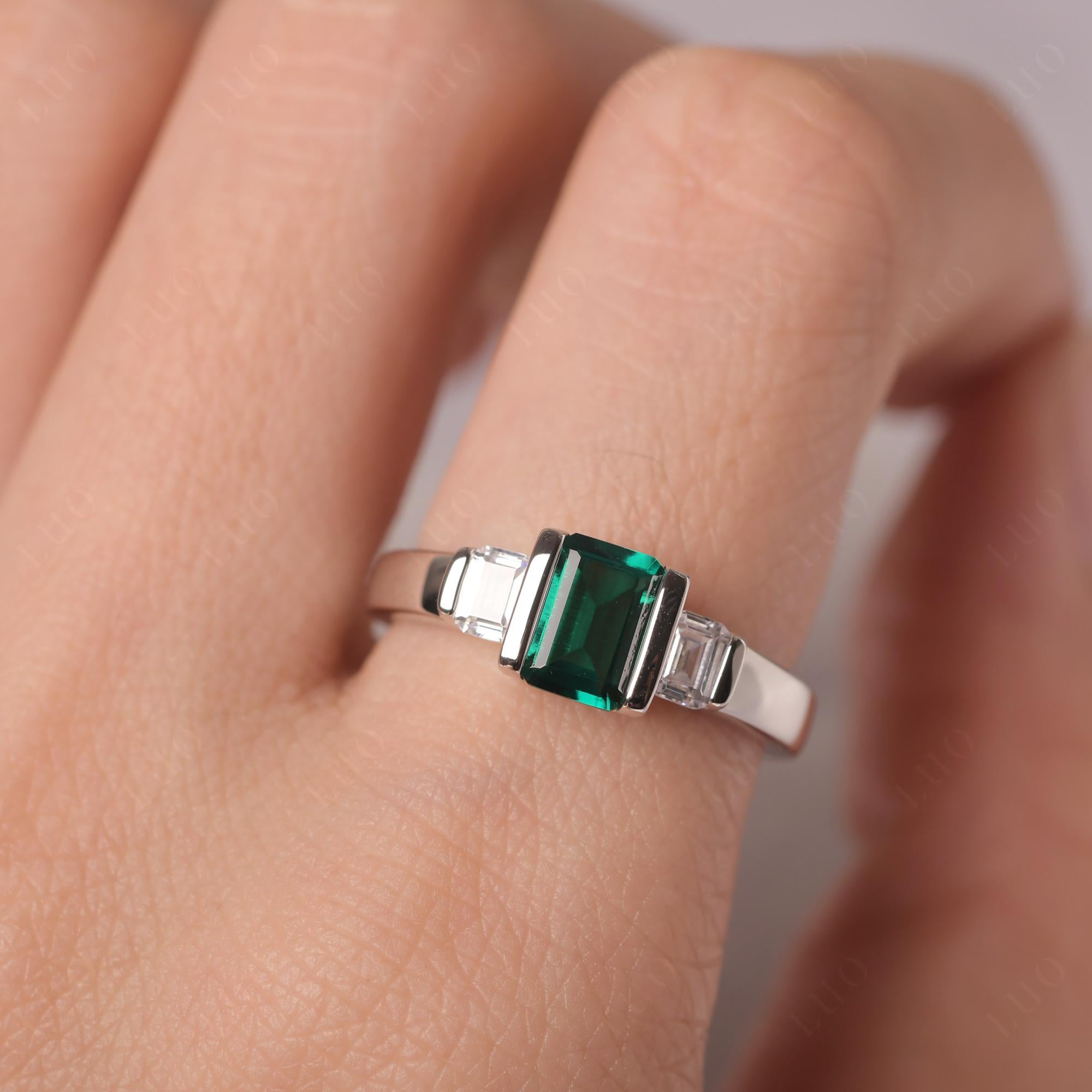 Vintage Lab Created Emerald Ring Bezel Set Emerald Cut Ring - LUO Jewelry