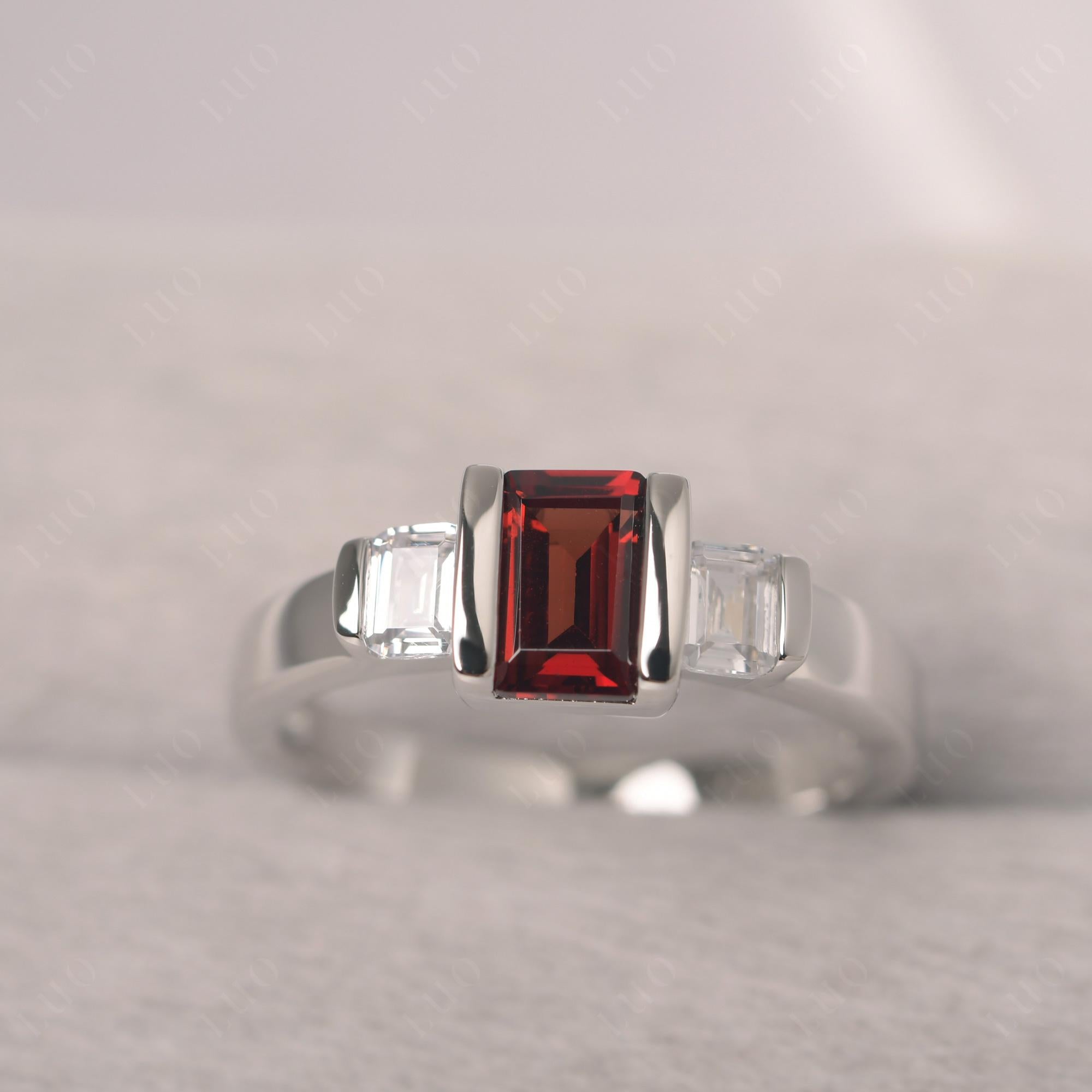 Vintage Garnet Ring Bezel Set Emerald Cut Ring - LUO Jewelry