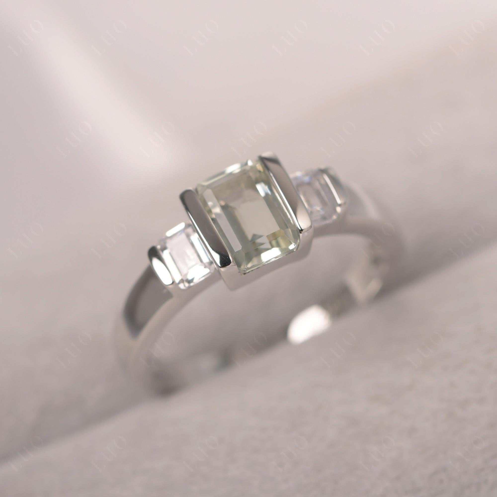 Vintage Green Amethyst Ring Bezel Set Emerald Cut Ring - LUO Jewelry