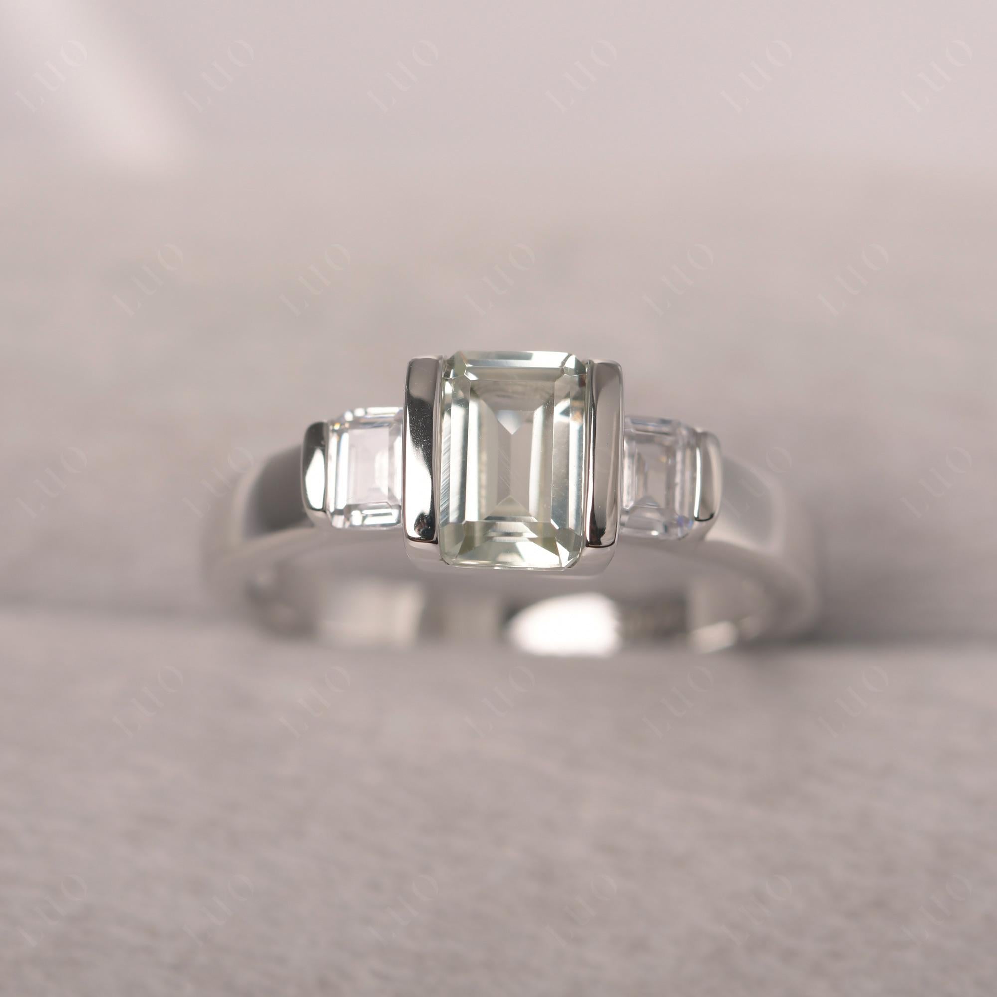 Vintage Green Amethyst Ring Bezel Set Emerald Cut Ring - LUO Jewelry