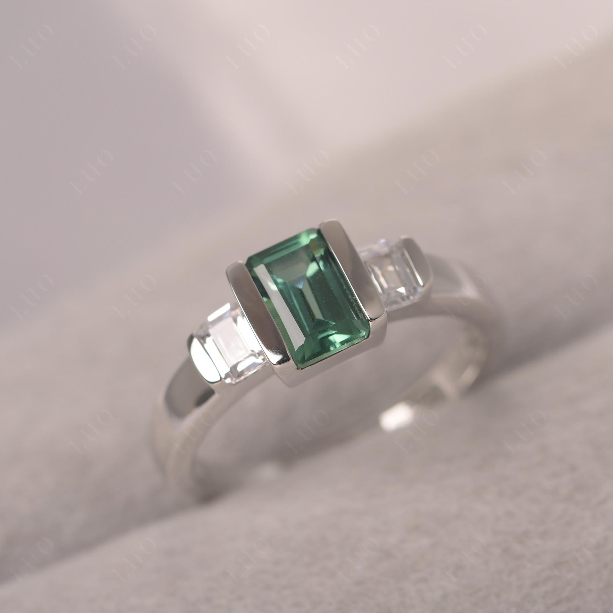 Vintage Lab Created Green Sapphire Ring Bezel Set Emerald Cut Ring - LUO Jewelry