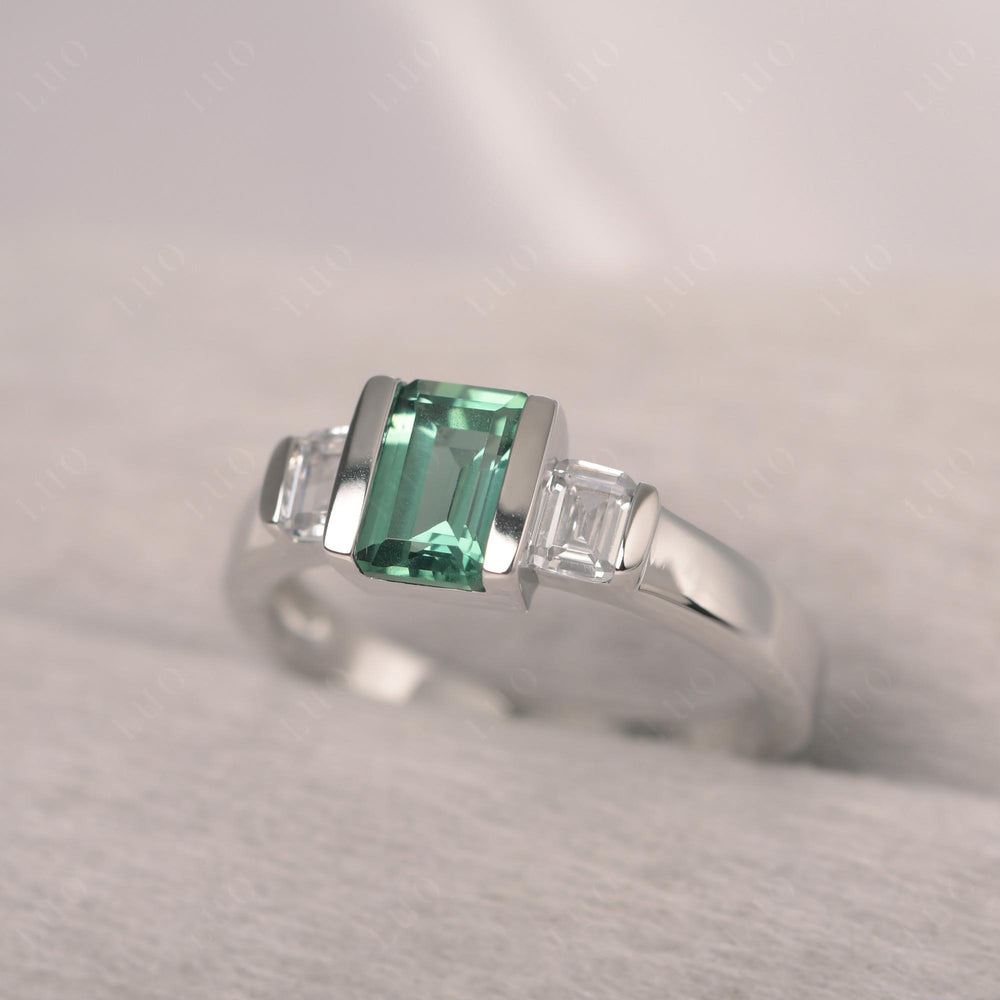 Vintage Green Sapphire Ring Bezel Set Emerald Cut Ring - LUO Jewelry