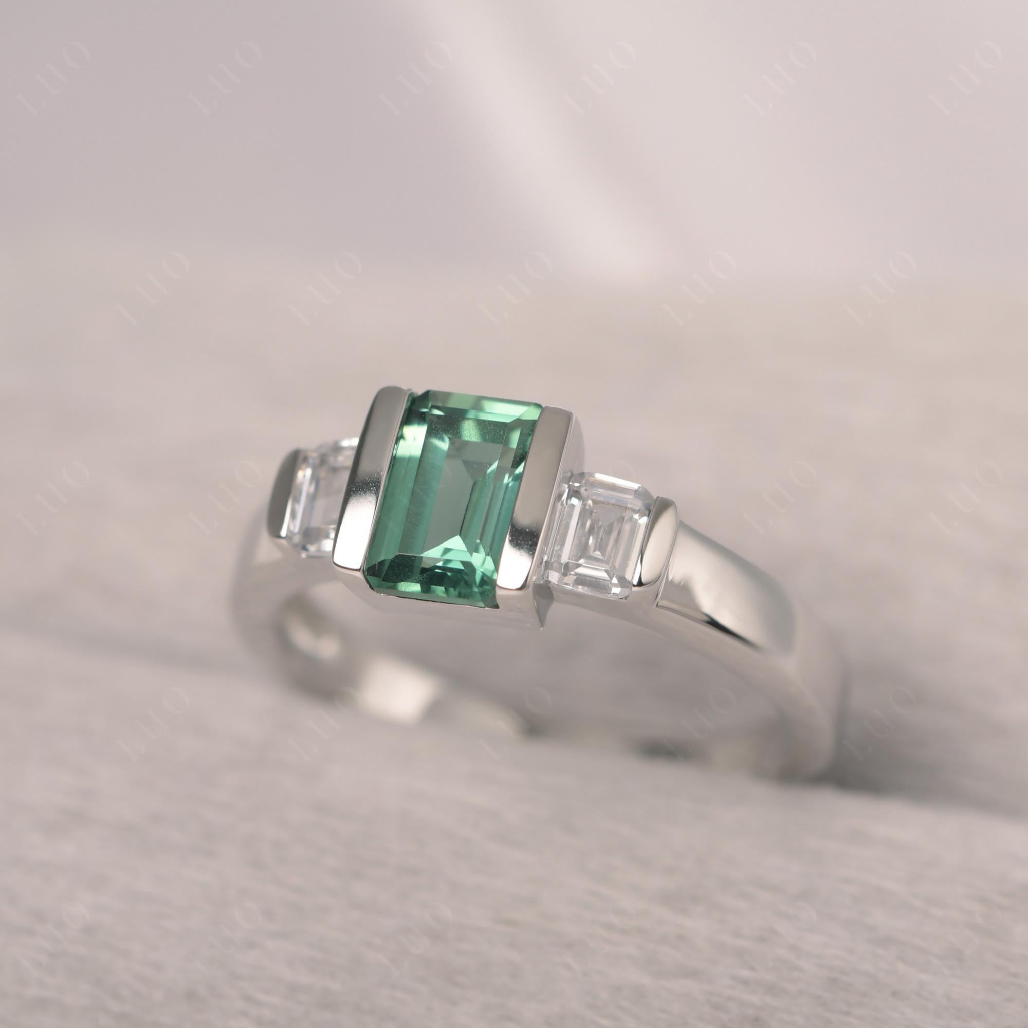 Vintage Lab Created Green Sapphire Ring Bezel Set Emerald Cut Ring - LUO Jewelry