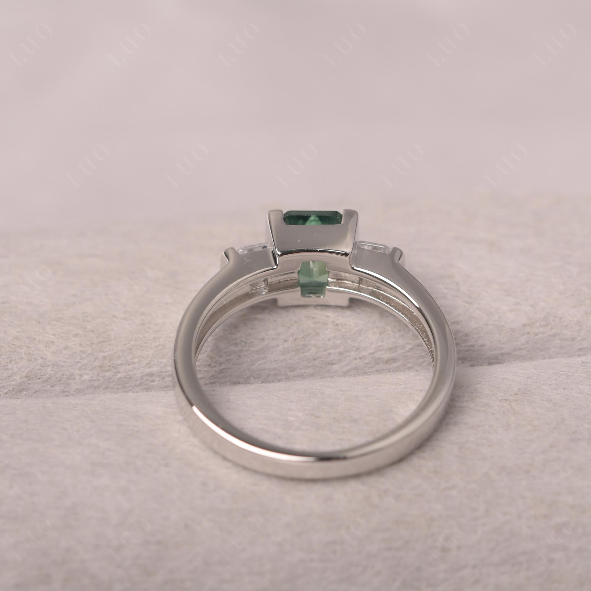 Vintage Lab Created Green Sapphire Ring Bezel Set Emerald Cut Ring - LUO Jewelry