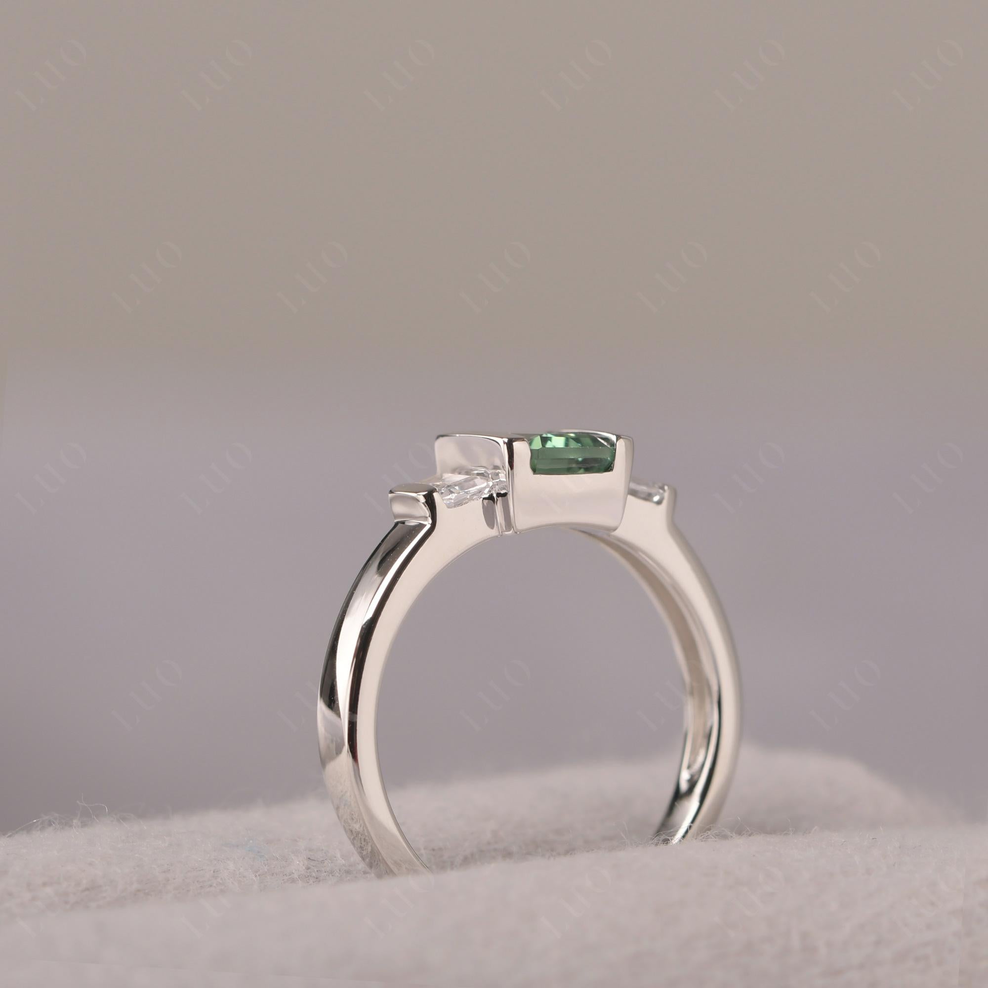 Vintage Lab Created Green Sapphire Ring Bezel Set Emerald Cut Ring - LUO Jewelry