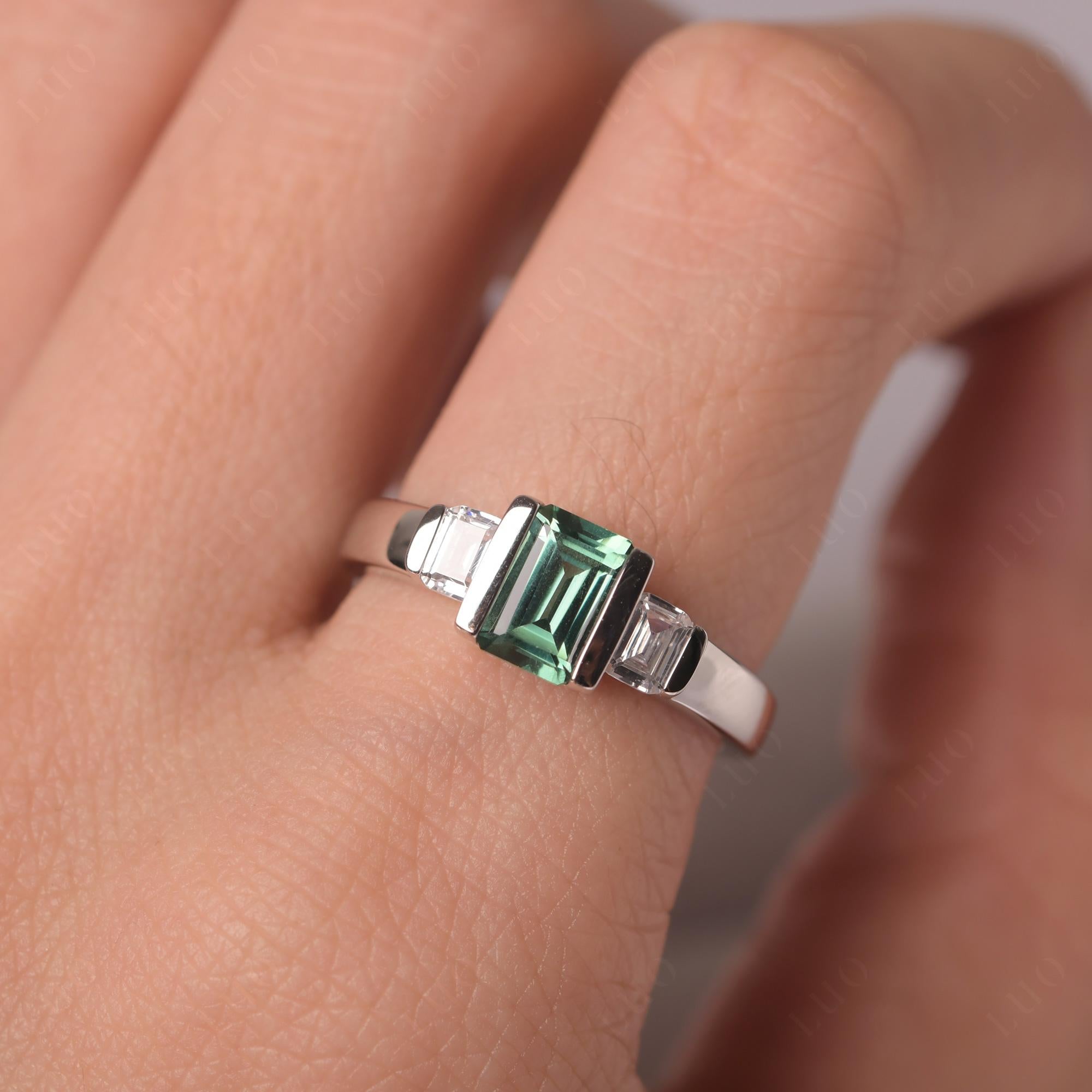 Vintage Lab Created Green Sapphire Ring Bezel Set Emerald Cut Ring - LUO Jewelry