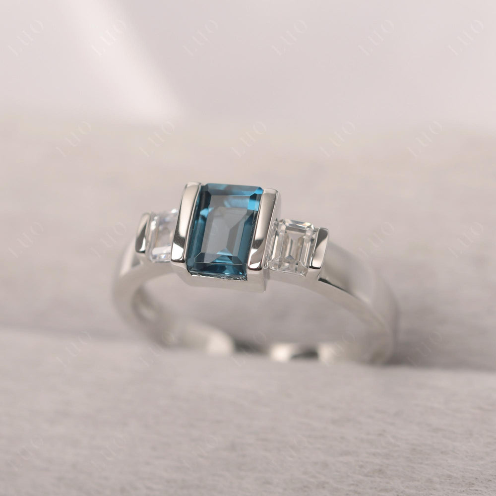 Vintage London Blue Topaz Ring Bezel Set Emerald Cut Ring - LUO Jewelry